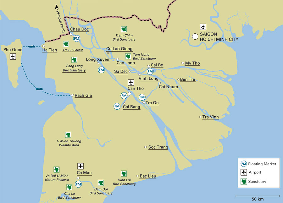 mekong delta map with different local areas for the activities in Mekong delta.
